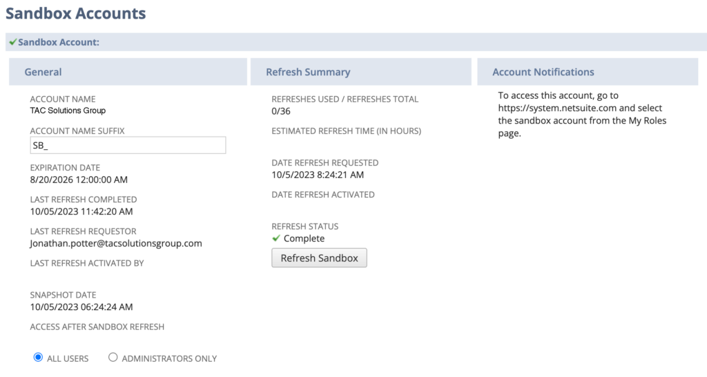 NetSuite Sandbox Refresh Screen