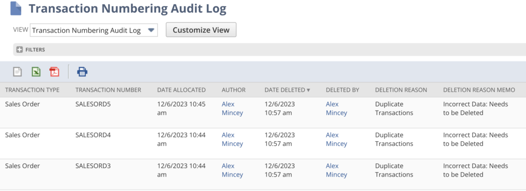 transaction numbering audit log example