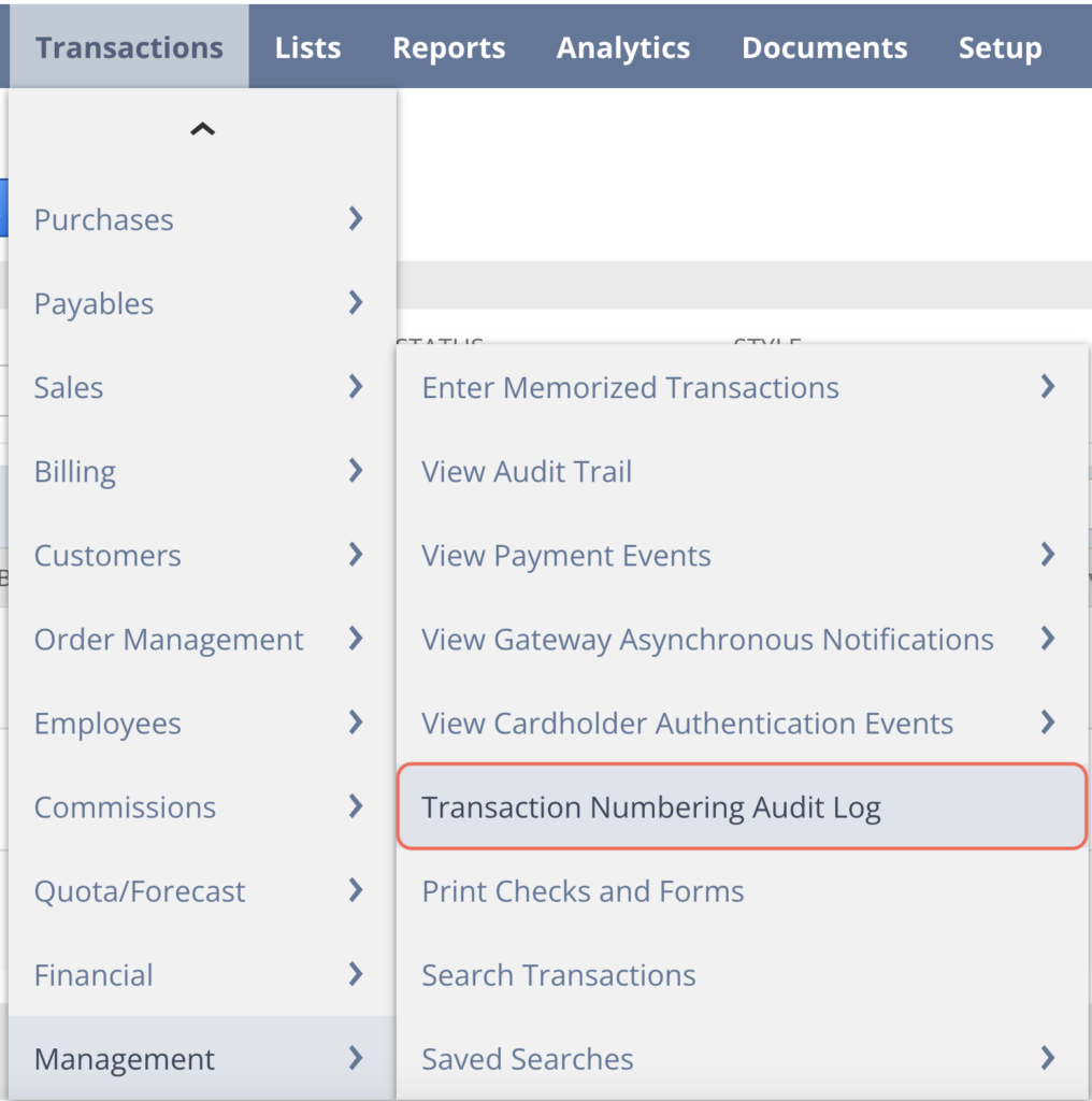 transaction numbering audit log