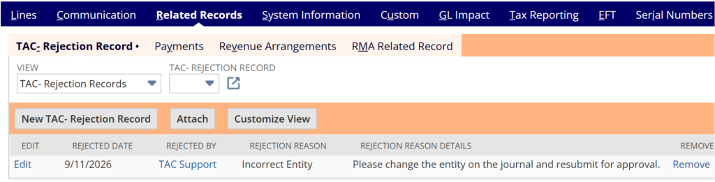 Rejection Reason Subtab